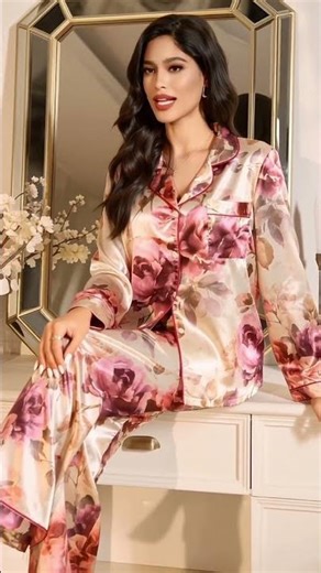 LuxeNights Elegant Floral Satin Long Sleeve & Pants Pajama Set, French Chic Floral Open Front