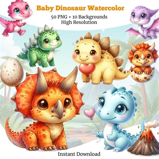 Baby Dinosaur Watercolor Clipart PNG | Cute Dino Digital Kit | Dinosaur Nursery Decor | Dino Birthday | Cute Dinosaur | Instant Download - Etsy