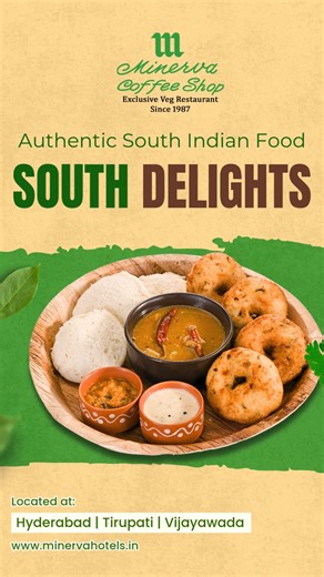 Minerva Coffee Shop - A Minerva Group Of Hotels on Instagram: "🌿✨ Authentic South Indian Flavours, Served with Tradition ✨🌿 At Minerva Coffee Shop, every meal is a celebration of heritage and taste. 🥣💛 From soft, fluffy idlis to crispy medu vadas and our flavour-packed sambar & chutneys, we bring you the true essence of South Indian cuisine — just the way it has been enjoyed for generations. 🌾🔥 🍽️ 100% Pure Veg 🍃 Authentic Recipes ☕ Classic Coffee Experience 🏆 Serving Happiness Since 19