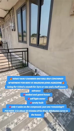 🔥 NEWLY BUILT CHAMBER AND HALL SELF CONTAINED APARTMENT FOR RENT AT ABLEKUMA JOMA AGBEZOME🔥 Going for 550cd a month for 2yrs or one and a half years advance 💥walled and gated house 💥self light meter 💥newly built 💥only 4 units on the compound. Just one remaining!!! PLS NOTE: it is about 10-15mins drive from Ablekuma curve to the house. #chamberandhallselfcontained #pyyyuuuuuyyyyyyuyyyyyyy #LINAMREALESTATEAGENCY #call0541847074