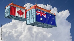 Freigth Containers with Australia and Canada national flags. 3D Rendering