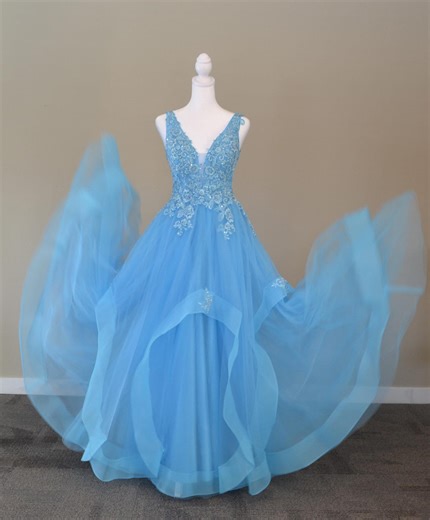 Light Blue Prom Dress Tulle A-line Evening Gown, V Neck Lace Applique Formal Dress - Etsy