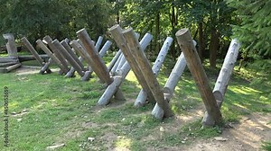 Wood round timber hammered into the ground in adventure park for children and adults