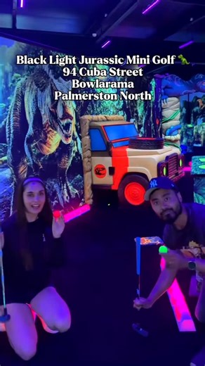 Claire Murphy on Instagram: "Black Light Jurassic Mini Golf has officially opened in Palmerston North 🥳. It’s upstairs in Bowlarama and is such an awesome activity to do! The props are amazing quality and the art work on the walls is incredible #palmy #palmerstonnorth #manawatu #thisismanawatu"