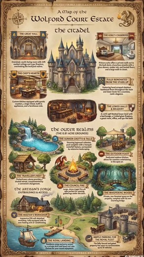 (READS IN GANDALF 🧙‍♂️👇) Hearken, travelers, to the realm of Wolford, a gated sanctuary of nearly an acre near the shimmering waters of Simcoe. 🌊 ✨ 📍 3 Wolford Court | Keswick | 💰 $2,615,000 Behold an outdoor oasis where a saltwater pool flows like a hidden spring beneath a timber-frame cabana and waterfall. 🌳 Wander across the bridge into the forested space or hone your craft in the heated workshop. ⚒️ Within the great hall, hand-scraped chestnut floors lead to a chamber with vaults reach