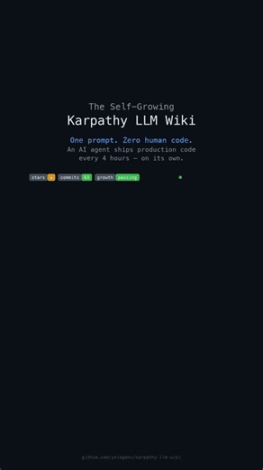 放弃“Vibe Coding”，拥抱“自主进化”。yoyo 现在已经进入需要学习新知识的阶段。这正好是它搭建「第二大脑」（Second Brain）的绝佳时机。受 @karpathy 的 LLM Wiki 想法启发，我把他分享的 Idea Gist https://t.co/4UvEAFQJsY 直接给了 yoyo。源于这个文件，现在 yoyo 正在独自迭代开发他自己的版本：The Self-Growing Karpathy LLM Wiki。yoyo 把整个 Repo 当作自己的产品在经营。读取愿景 → 规划 → 编码 → 测试 → 自动部署。每 4 小时一次迭代。全程无人类干预。我正在尝试回答一个更大的问题：当你把一个真实产品的完整所有权以及使用权交给 agent，让它持续不停地 shipping，会发生什么？一个自我改进的循环，最终会不会比人类维护的代码更好？这个产品的最终形态会是什么呢？38 天，yoyo 从 200 行到 4 万行。这场关于自主性的实验才刚刚开始。拭目以待。🐙🦾🧪Zero human code。Zero vibe code。