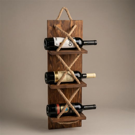 Rustic Wall Mounted Wine Rack With Rope – Wooden Farmhouse Wine Bottle Holder – Vertical Home Bar Storage Shelf. - Etsy