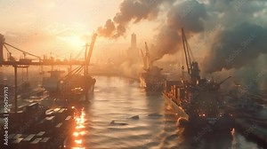 A dawn scene of port logistics, with soft light creating a warm mist on a dock and containers close to a cargo plane taking off in the distance, and cranes loading containers onto container ships