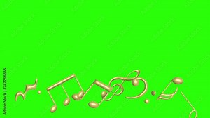 Musical notes signs elements, gold textured, on green screen chroma key animation