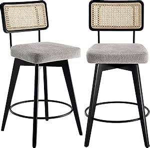 26” Natural Rattan Bar Stools, Swivel Solid Wood Counter Stool Set of 2, Upholstered Armless Bar Chairs with Wooden Legs for Kitchen Island, Grey Linen