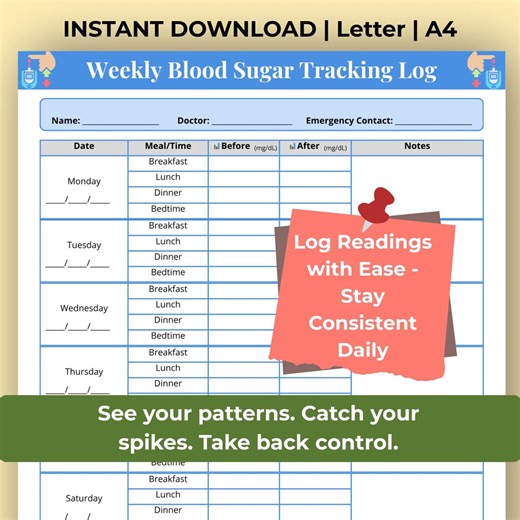 Blood Sugar Tracking Log Printable, Diabetes Blood Glucose Weekly Tracker, Before After Meal Log PDF, Diabetic Journal Printable - Etsy