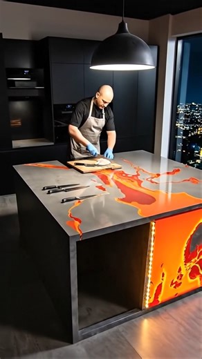 Glowing Lava Concrete Countertop – DIY Kitchen Island Transformation #ConcreteCountertop #LavaEffect