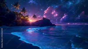 A tropical island with bioluminescent waves gently lapping the shore under a starry sky