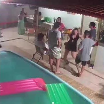 Girl falls on guy's pants(into the pool)