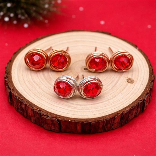 Red Crystal Stud Earrings, Handmade Wire Wrapped Earrings, Valentine Gift for Her, Minimalist Ruby Red Earrings, Free Gift - Etsy