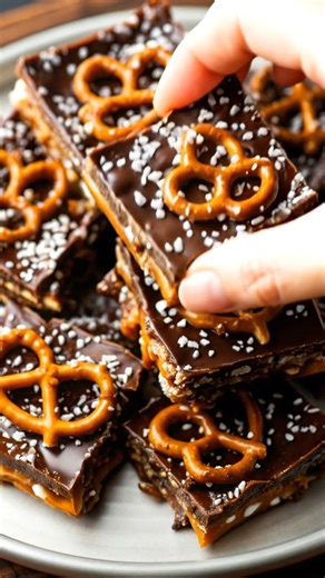 Chocolate Pretzel Bars 🥨🍫 These chocolate pretzel bars are the perfect sweet-and-salty dessert—rich, crunchy, and completely addictive. They have layers of buttery chocolate, crisp pretzels, and just the right sprinkle of flaky salt on top. Every bite has that contrast I love: smooth chocolate, crunchy pretzel, and a little salty snap that keeps you reaching for another square. These are ideal for parties, gifting, or when you want a no-fuss dessert that looks bakery-worthy. Yield: 16 bars Ing