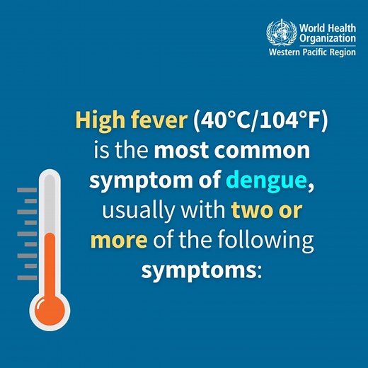 High fever (40°C/104°F) is the most common symptom of #dengue, usually with 2 or more of the following symptoms: headache, pain behind the eyes, nausea, vomiting, swollen glands, joint and muscle pains, rash. Share this with your family and friends and take measures against mosquito bites to prevent dengue! | World Health Organization Western Pacific Region