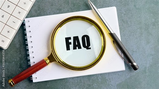 Animation the appearance of a conceptual phrase, a FAQ symbol on a blank sheet through a magnifying glass. Development concept, business, strategy, innovation, technology