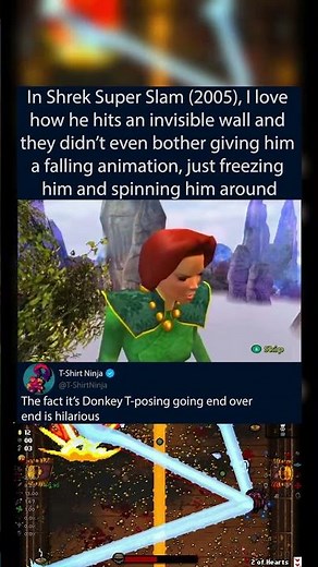 In Shrek Super Slam (2005), I love how he hits an invisible wall and