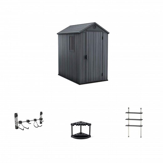 Keter Darwin 4 ft. x 6 ft. Resin Shed, Black Shed Hook, 22 in. Corner Rack and 12 in. Adjustable Shelve Kit Combo - The Home Depot