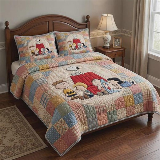 Snoopy Doghouse Quilt Peanuts Gang Circle Patchwork Bedding, Cute Character Comforter for Kids Room, Pastel Cartoon Blanket Gift for Fans - Etsy