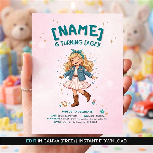 Girl Birthday Invitation Template, Editable Canva Birthday Invite, Kids Party Invitation, Printable Girls Birthday Card, Instant Download - Etsy