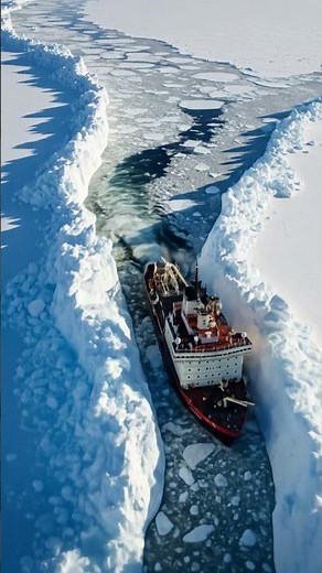 An icebreaker ship smashing through thick ice.