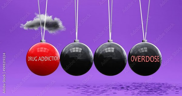 Drug Addiction leads to overdose. Cause and effect relation between drug addiction and overdose. Vicious cycle. Negative repeating pattern.