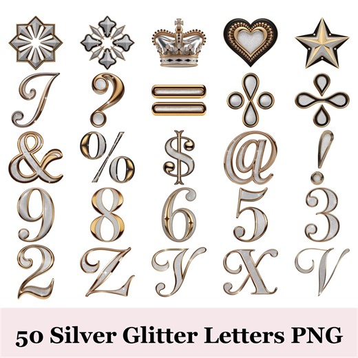 Silver Glitter Alphabet PNG 50 Letters | Sparkly A-Z + Symbols Clipart | Shiny Metallic Letter Set for Logos Stickers Invitations - Etsy