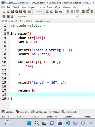 0405 (1) - STRING LENGTH(WITHOUT STRLEN) This C program calculates the length of a string without using the built-in strlen() function. It counts characters one by one until it reaches the null terminator.