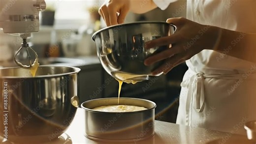 Chef pouring batter into cake pan, using stand mixer in a professional kitchen setting