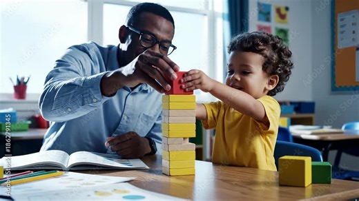 Teacher helps child build block tower in classroom. Man teaches boy with blocks during learning. Child stacks tower with teacher help. Educational blocks in classroom. Teacher and child build together