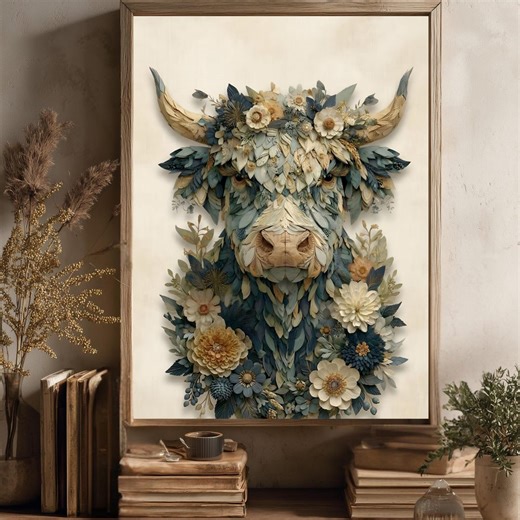 Highland Cow Printable Wall Art, Floral Cow Digital Download, Luxury Farmhouse Decor, Cottagecore Botanical Animal Print - Etsy