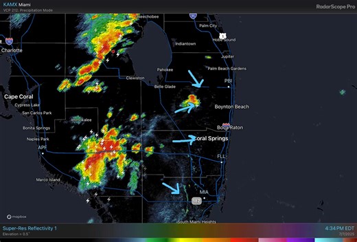 July 7 at 6:30pm Radar Update: Outflow boundaries from earlier intense thunderstorms over inland southwestern Florida have sparked new showers and storms closer to the east coast metro. Potentially (*if it holds together*) a few showers & storms on the way for inland suburbs. | US National Weather Service Miami Florida