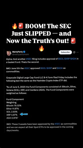 Shaun Coleman on Instagram: "🔥🚨 BOOM! The SEC Just SLIPPED — and Now the Truth’s Out! 🚨🔥 📅 As of June 5th, 2025 — the SEC-backed Grayscale filing CONFIRMS it: ✅ $XRP⬅️ ✅ $SOL ✅ $ADA Are listed right alongside Bitcoin & Ethereum in a regulated commodity fund. 🧨 That’s NOT speculation. That’s a FORMAL FILING. 👁️ The same wording as the Hashdex Crypto ETF. This isn’t just a fund play. 👉 This is CLASSIFICATION. 👉 This is COMMODITY RECOGNITION. 👉 This is the GATEWAY to Spot ETFs. 📊 Breakdo