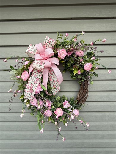 Pink Floral Spring Wreath With Roses and Bow - Etsy