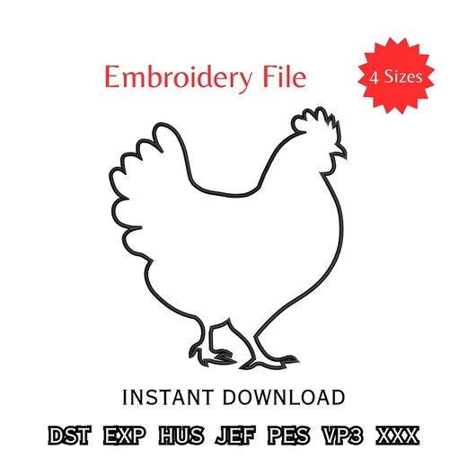 Chicken Outline Machine Embroidery Design Bean Stitch Farm Animal Pattern Digital Download