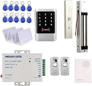 MENGQI-CONTROL Door Entry System with RFID Waterproof Touch Keypad Controller+Electromagnetic Lock(Waterproof)+110V Power Supply Box+2 Push to Exit Button+Door Bell+RFID Keychains/Cards
