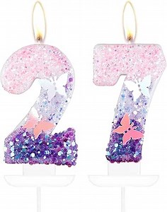 Birthday Number 27 Candle,Butterfly 27th Birthday Party Decorations for Women/Girl,Purple Birthday Candle,2.75" Large Glitter Birthday Candles Wedding Cake Topper Anniversary Party Decor
