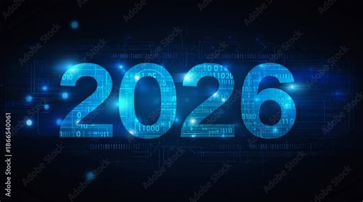 Futuristic 2026 digital background with blue glowing numbers and binary code