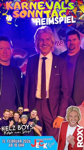 🎉 GEWINNSPIEL – Karnevals-Sonntag im JECK & jot 🎉 Wir verlosen 5 × 2 Tickets für den Karnevals-Sonntag mit den KELZ BOYS & ROXY 📅 15. Februar 2026 | ab 18 Uhr 👉 So machst du mit: 1️⃣ Folge unserer Seite 2️⃣ Like diesen Beitrag ❤️ 3️⃣ Markiere 2 Freunde in den Kommentaren, mit denen du feiern willst 🎭🥳 ⏰ Teilnahmeschluss: 13.02.2026 📩 Die Gewinner werden per Direktnachricht informiert. 🎟️ Kein Glück? Kein Problem – Tickets gibt’s weiterhin im Vorverkauf für 10 € unter 👉 tickets.jeck-jot.