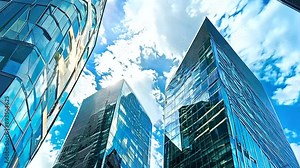 High-rise city skyscrapers with glass facades, representing corporate business architecture against a clear blue sky. Modern urban buildings with reflections of clouds on their windows