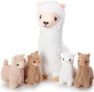 Jenaai Llama Stuffed Plush Animals Doll with 4 Baby Llamas Cute Alpaca Plush Set Soft Kawaii Pillow Dolls for Kids Girls Birthday Anniversary Presents Home Sofa Decorations