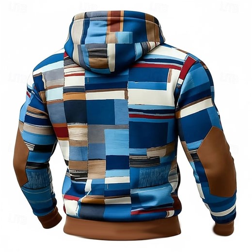 Men's Geometric Plaid Hoodie Sweatshirt Fashion Daily Crew Neck Home Streetwear Party Blue Brown Green Khaki Drawstring Fall Winter Designer S M L XL XXL XXXL 2025