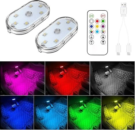 2 Stück Auto Led-Leuchten mit Fernbedienung, 7 Farben Auto-LED-Innenbeleuchtung, Umgebungsbeleuchtung im Autoinnenraum, Wiederaufladbares Auto-Innenleselicht, led-leuchten fürs Auto
