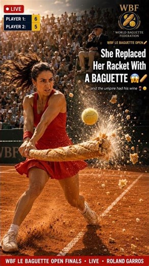 She replaced her Tennis racket with a Baguette 😱 🥖 ( The Umpire had wine)