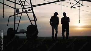 Agriculture. Irrigation watering corn field. Green sprouts of corn on farm. Worker with farmers are walking along corn field. Watering machine works in corn field. Irrigation system on farm. Teamwork