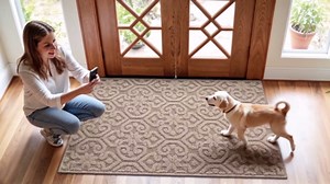 DEXI Front Door Entryway Mat Non Slip, 17x30 Washable Inside Entrance for House Floor Low Profile, Thin Entry Doormat Absorbent Dirt Trapper, Light Beige