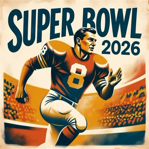 🏈 SUPER BOWL 2026 MID-CENTURY 🎨 My Prompt is your Prompt: 🥂 Vintage 1950s mid-century modern sports poster design advertising "Super Bowl 2026". The artwork features a stylized, heroic football player in a dynamic action pose, rendered in a classic screen-print illustration style. The color palette consists of authentic retro tones: muted cream, mustard yellow, burnt orange, and deep teal. Bold, hand-lettered mid-century typography prominently displays "SUPER BOWL 2026". The image has a grain