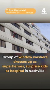 The window-washing team dressed up as Spiderman, Captain America and Batman and rappelled down the building, greeting patients in TriStar Centennial's pediatric oncology and pediatric acute care units. | WSMV 4, Nashville